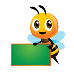 Cartoon cute bee character pointing on empty blackboard. Back to school. Cartoon mascot.