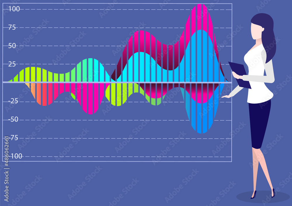 Aufkleber woman studies statistics on presentation. female character while working or studying with report. gi