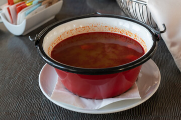 Goulash, hungarian traditional meal in metal bowl