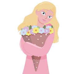Vector Young blonde girl holding a bouquet of flowers. The girl was given flowers.  Girl in pink dress. Woman. blue eyes.