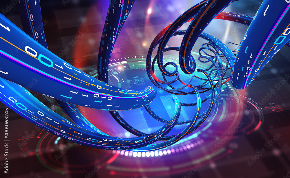 Poster Information flow of digital code. Current data and computer scheme. High speed, wired internet connection. Nanotechnology 3D illustration