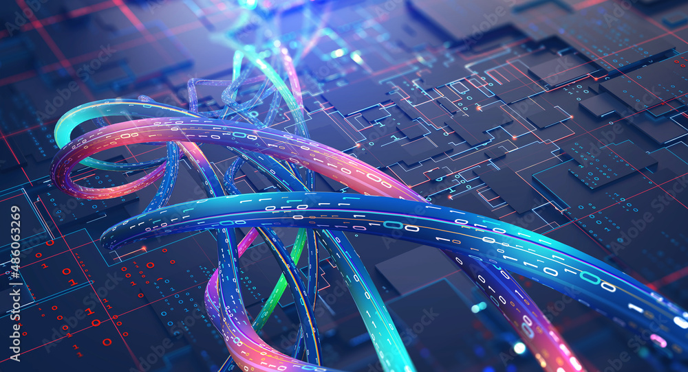 Poster Information flow of digital code. Current data and computer scheme. High speed, wired internet connection. Nanotechnology 3D illustration
