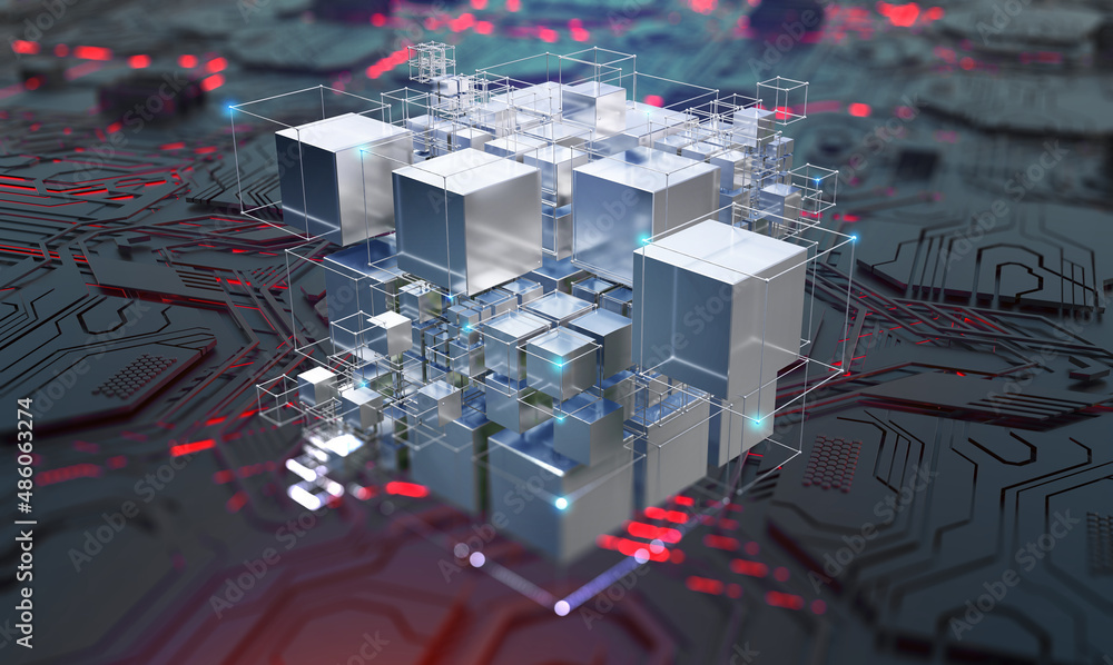 Leinwandbilder Cyberspace of digital technologies. Hypercube and blockchain concept. Spatial portal of encoded data. 3D illustration of a cubic array in a nano tech cyber space