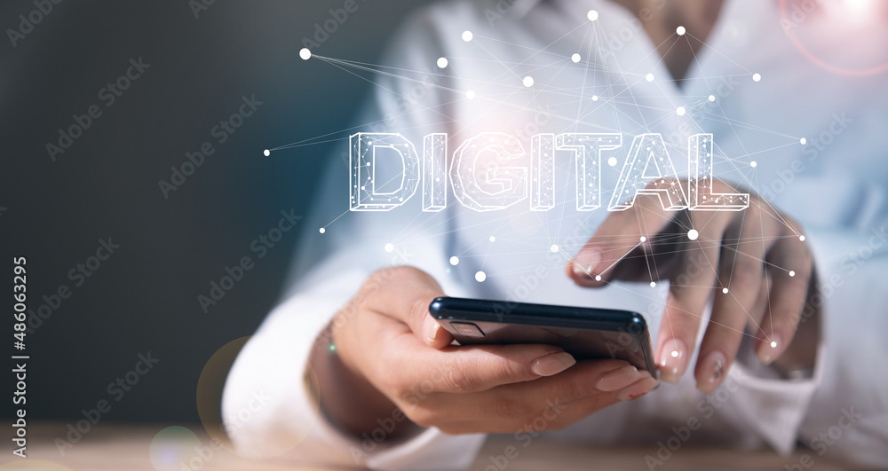 Poster woman holding phone with digital text in screen