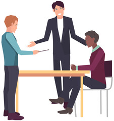 Businesspeople have project strategy planning meeting. Teamwork with business plan, creating new creative project. Meeting to discuss starting business. Colleagues discussing work in entrepreneurship