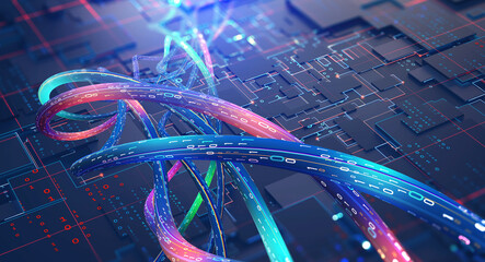 Information flow of digital code. Current data and computer scheme. High speed, wired internet connection. Nanotechnology 3D illustration