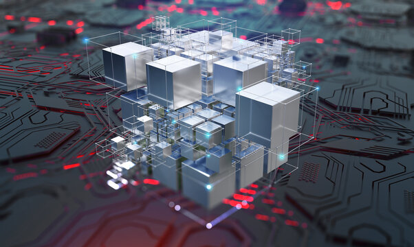 Cyberspace of digital technologies. Hypercube and blockchain concept. Spatial portal of encoded data. 3D illustration of a cubic array in a nano tech cyber space