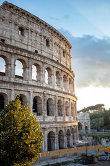 Fototapeta na wymiar Colosseum during sunset in Rome, Italy. travel in Europe. the most prominent places