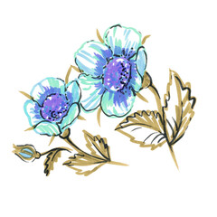 Flower with leave. Provence felt pen illustration. Blue Flowers