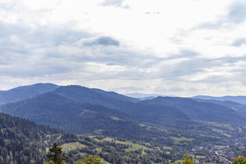 Beautiful panoramic views of the Carpathian Mountains from Uzhotsky pass high peack mountain in Ukrainian Carpathians Mountains