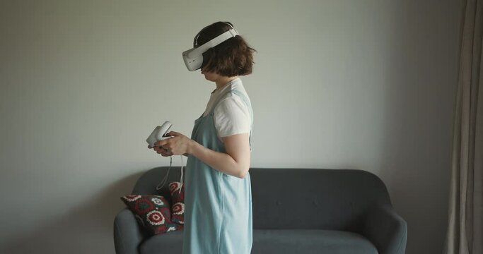 Woman exploring cyberspace with virtual reality headset