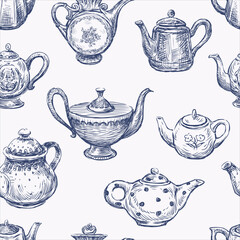 Seamless pattern of sketches  collection various vintage teapots