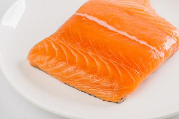 raw salmon fillet on a white plate on a white background