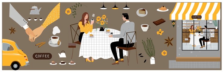 Coffee house, a girl with a guy. Set of vector elements with coffee, cake, steam, yellow car, coffee shop, flowers for design print, poster, banner, stickers, design
