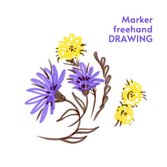 Flower with leave. Provence felt pen illustration. Violet and yellow Flowers
