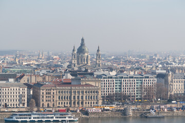 Fototapeta na wymiar Saint Stephen's Basilica on Pest Danube river bank in Budapest, Hungary
