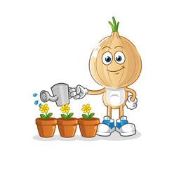 garlic head cartoon watering the flowers mascot. cartoon vector
