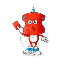 push pin head cartoon referee with red card illustration. character vector