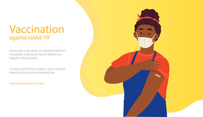 Young woman wearing protective mask showing her arm with bandage after receiving covid-19 vaccine. Concept of vaccination, health, spread of vaccine, healthcare, call of fight against coronavirus