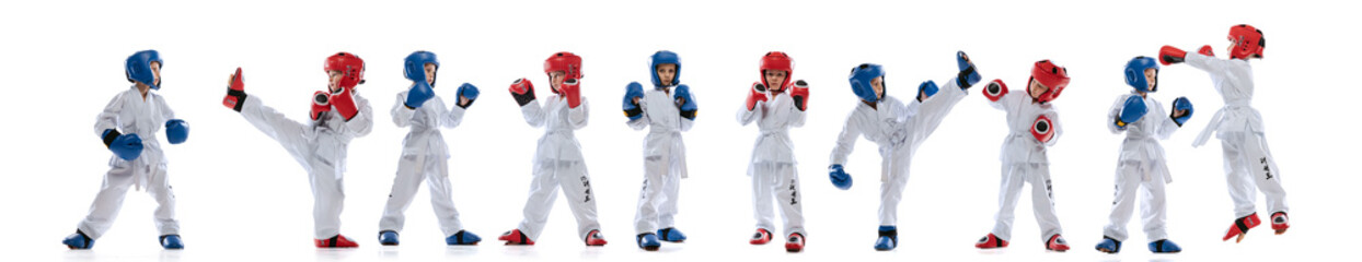 Horizontal flyer with images of two little kids, boys, taekwondo athletes wearing doboks and sports uniforms isolated on white background. Collage, set