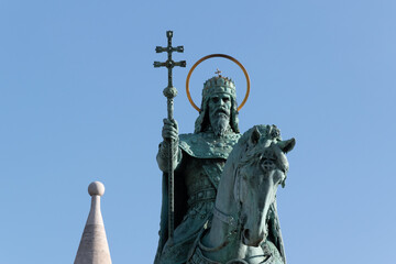 Saint Stephen Statue against blue sky on Fisherman's bastion in Budapest, Hungary