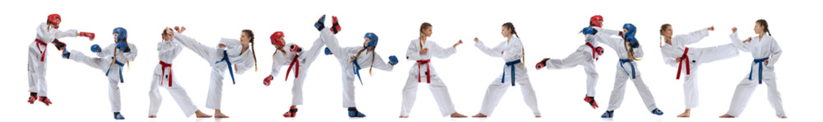 Horizontal flyer with images of two young girls, teens, taekwondo athletes wearing doboks and sports uniforms isolated on white background. Collage, set