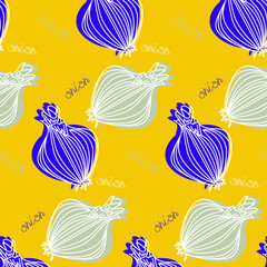 Simple vegetable vector pattern. Stylish purple and grey onion illustration on the bright yellow background. Veggie hand drawing. Summer mood colors. Yellow, purple, grey. Harvest. Healthy products.
