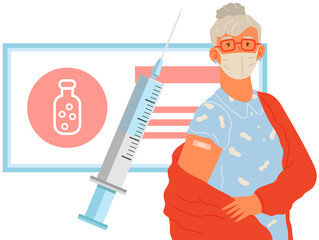 Elderly woman pensioner wearing protective medical mask showing her arm with bandage after receiving covid-19 vaccine. Concept of vaccination, health, healthcare, fight against coronavirus