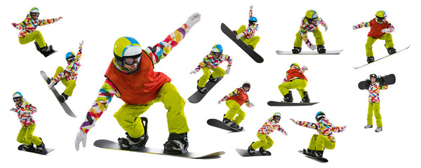 Collage made of portraits of young woman in bright sportswear, goggles and helmet snowboarding...