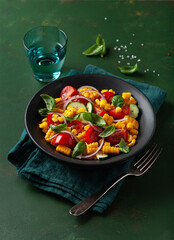 healthy vegetarian tomato sweet corn salad with cucumber and basil