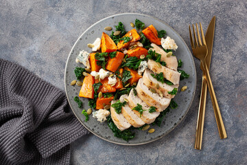 chicken breast with sweet potato, blue cheese and kale. healthy lunch