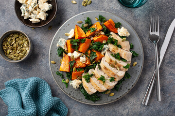 chicken breast with sweet potato, blue cheese and kale. healthy lunch