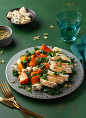 chicken breast with sweet potato, blue cheese and kale. healthy lunch