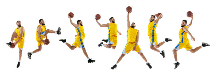 In motion. Development of movements of basketball player with ball isolated on white studio...