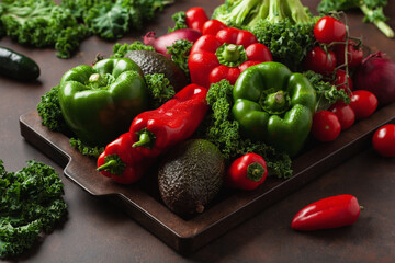 assorted red and green vegetables tomatoes, bell peppers, kale avocado in wooden tray