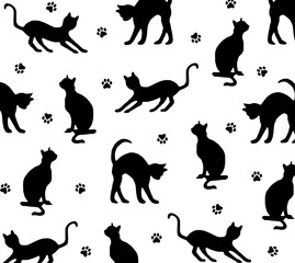 Pattern of black cats silhouettes and their traces  on  white background. Hand drawn.