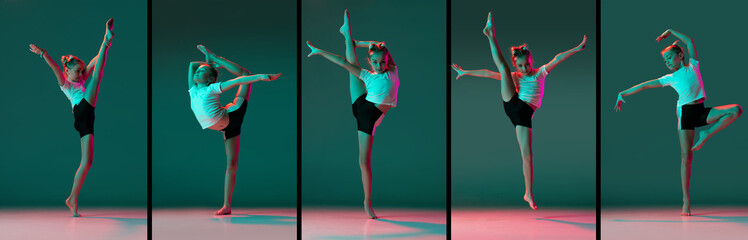 Set of portraits of little flexible girl, rhythmic gymnastics artist training isolated on green...
