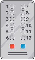 Lift push buttons with numbers and braille code. Panel for calling elevator to floor. Buttons for controlling movement of lift in building. Elevator floor marking iron panel vector illustration