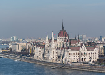 Fototapeta na wymiar Hungarian parliament building from across Danube from Fisherman's bastion in Budapest, Hungary