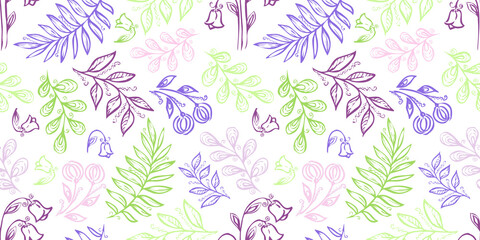Spring Seamless Pattern. Floral elements in doodle style. White background. Watercolor tropical leaves. Green and violet colors. Wedding Patterns with leaf