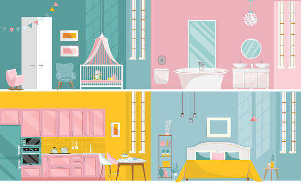Room interiors set - bedroom, bathroom, nursery, kitchen, in flat cartoon design. Cozy Home inside concept. Apartment with window and furniture. House, hotel equipment. Vector illustration.