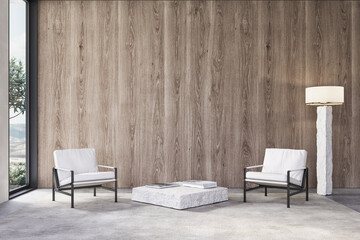 Fototapeta na wymiar Contemporary minimalist interior with armchairs, coffee table, wood panel, blank wall. 3d render illustration mock up.