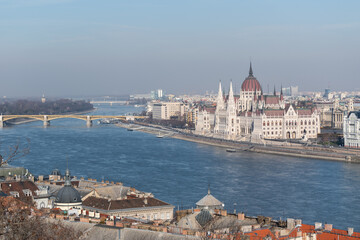 Fototapeta na wymiar Hungarian parliament building from across Danube from Fisherman's bastion in Budapest, Hungary