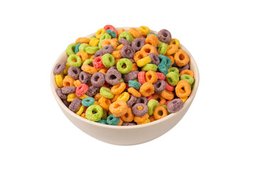 Colorful rings cereal spill out into a bowl. Breakfast. Isolated.