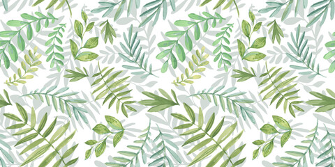 Naklejka premium Spring Seamless Pattern. Floral elements in doodle style. White background. Watercolor tropical green leaves. Wedding Patterns with leaf