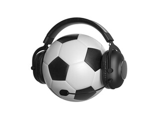 Classic soccer ball with black headphones on a white isolated background. 3D illustration. Football match event commentator concept © spf