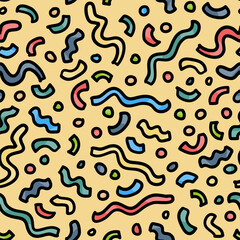 Colorful confetti seamless pattern design. Hand drawn doodle party decor ribbons and dots pattern background. Cute abstract birthday party seamless pattern texture.