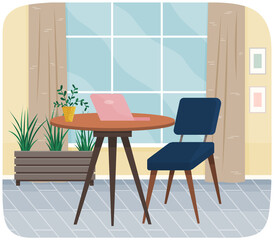 Table with laptop and chair in interior design of workplace. Modern workplace with furniture in apartment. Arrangement of furniture and equipment at place for working with technology at home