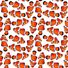 Clown fish pattern, Colorful background, Ocean print, Underwater life background,  Abstract wildlife design element,  White background, Bright design, Fish ornament