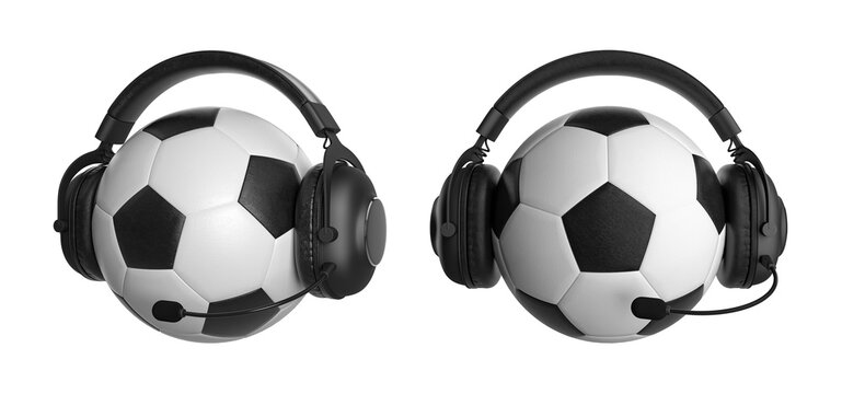 Classic soccer ball with black headphones on a white isolated background. 3D illustration. Football match event commentator concept